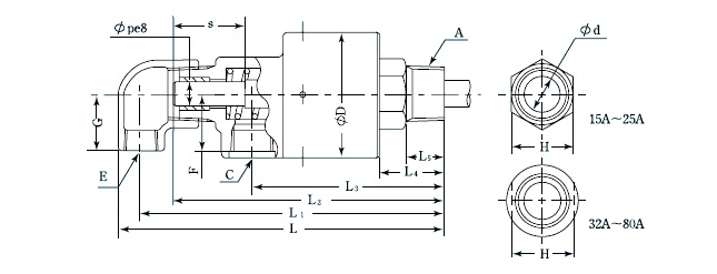 圧力回転継手パールロータリージョイント RXE5000(複式内管回転ネジ取付式) 外形図